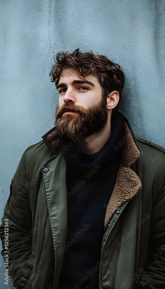 A man with a beard and mustache standing against the wall A man with a beard and mustache standing against the wall
