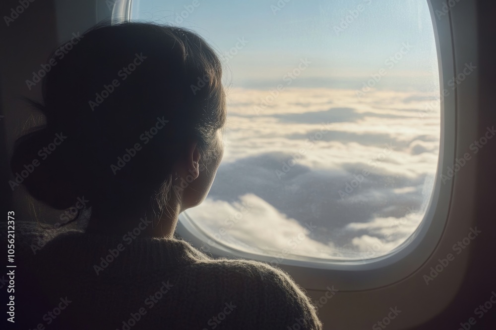 A serene view from an airplane window. The clouds below create a dreamy atmosphere. The traveler gazes thoughtfully outside. A moment of reflection. Generative AI A serene view from an airplane window. The clouds below create a dreamy atmosphere. The traveler gazes thoughtfully outside. A moment of reflection. Generative AI