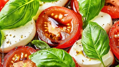   A zoomed-in image of ripe tomatoes, creamy mozzarella cheese, fresh basil, and crunchy pine nuts resting on a bed of green basil fol photo