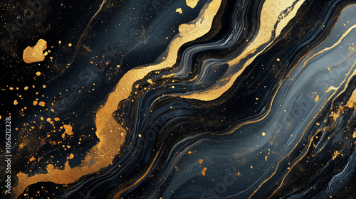 Black and gold marble texture with fluid abstract patterns