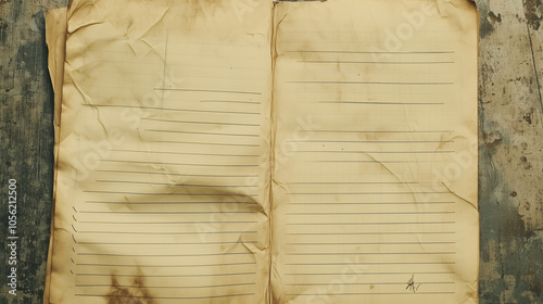Vintage aged notebook paper background with lined pages