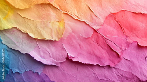 Colorful layered torn paper texture with gradient rainbow hues