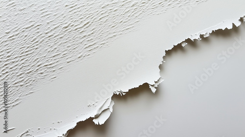 Close-up torn white paper edge with textured detail on smooth background
