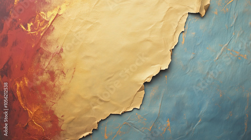 Textured torn paper layers in red, beige, and blue with grunge details
