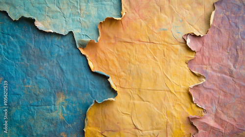 Colorful torn paper texture with layered blue, yellow, and pink sections