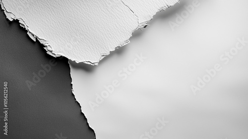 Torn white paper layers with textured edges on black and white background