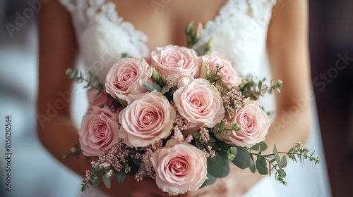 Bride holding pastel pink rose bouquet, romantic wedding day, floral arrangement, love, elegance, bridal flowers, lace wedding dress, close-up, feminine detail