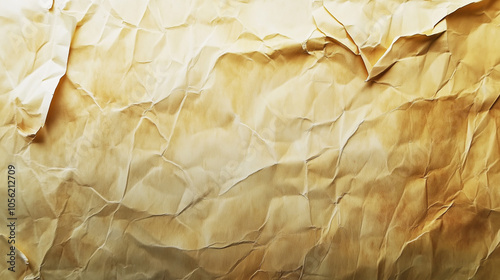 Crumpled parchment paper texture in warm beige tones with copy space