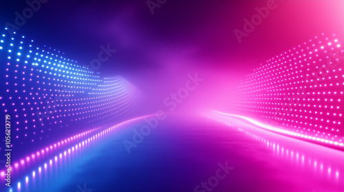 Futuristic neon light tunnel in blue and pink with glowing effects