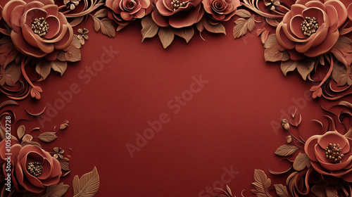 Elegant floral relief frame with roses on red background and copy space