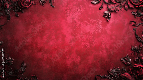Ornate dark floral frame on textured red background with copy space