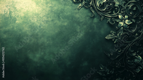 Dark green vintage floral background with ornate corner design and copy space