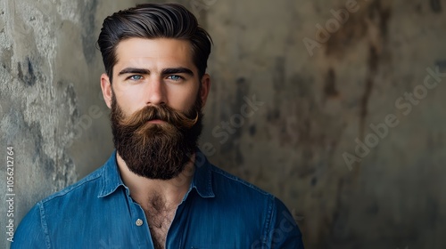 A man with a beard and mustache standing against the wall