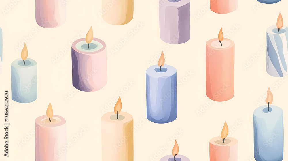 A pattern of colorful candles with yellow flames on a beige background A pattern of colorful candles with yellow flames on a beige background