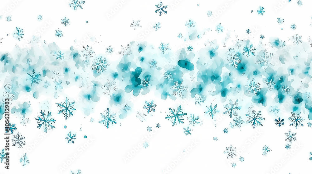 Watercolor illustration of blue snowflakes falling on white background Watercolor illustration of blue snowflakes falling on white background