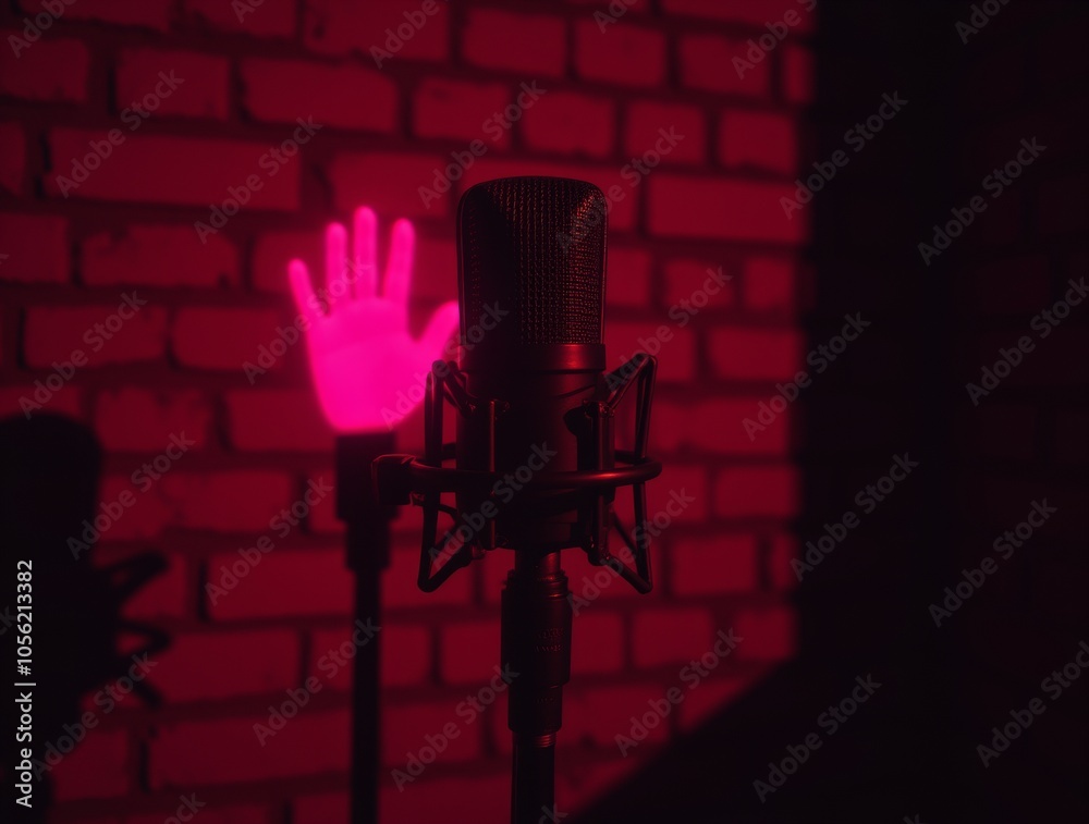 Glowing pink neon microphone against a brick wall , neon, microphone, pink, glowing, brick wall, music, karaoke Glowing pink neon microphone against a brick wall , neon, microphone, pink, glowing, brick wall, music, karaoke