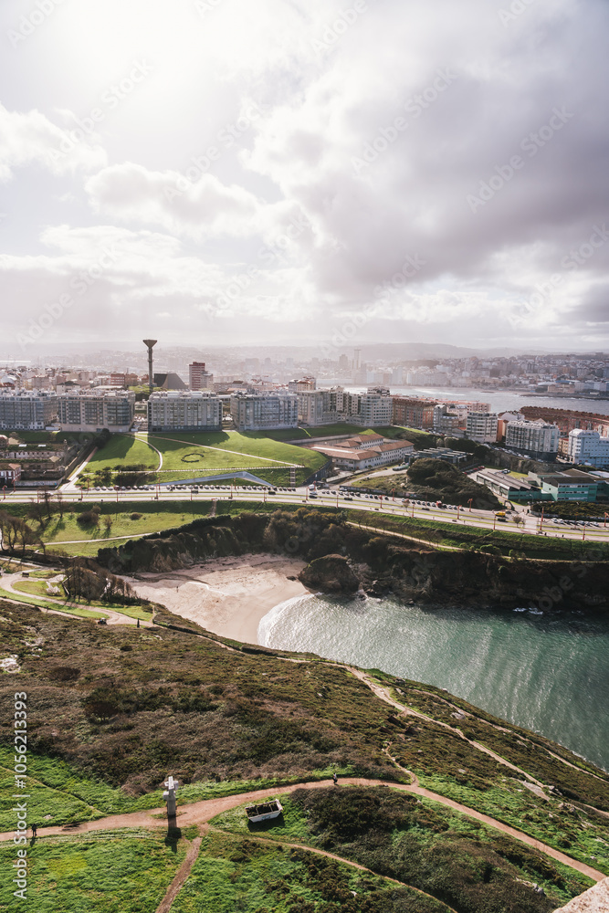 Fototapeta premium Aerial view of A Coruna cityscape from the tower of hercules with coastline and beach