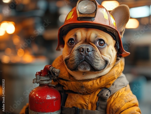 Professional Photo of a Cute French Bulldog Dressed as a Firefighter with a Helmet and Fire Extinguisher in a Factory Setting

 photo