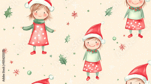 A seamless pattern of cute girls wearing Santa hats and dresses