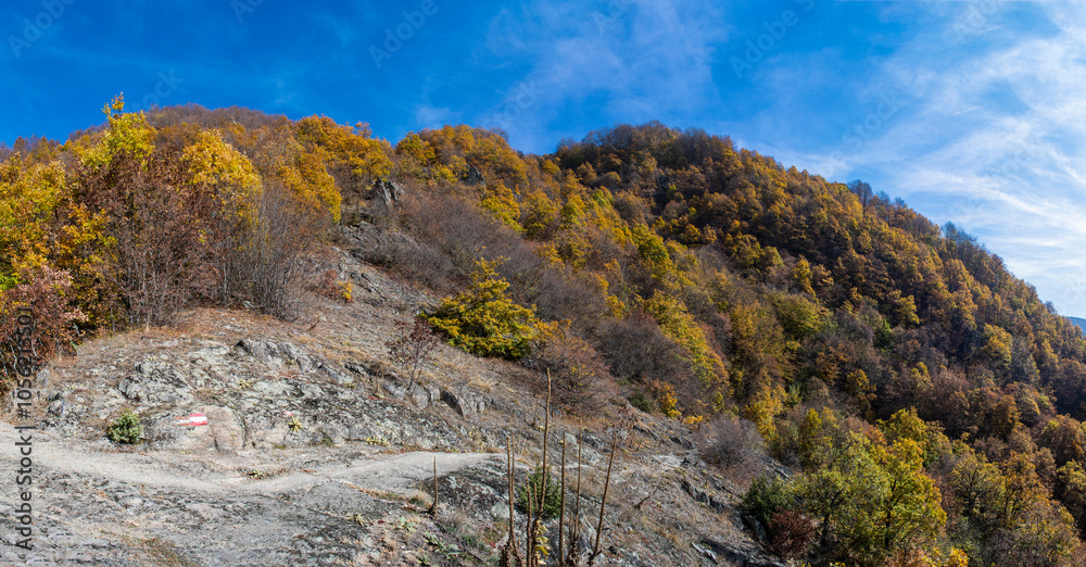 Mountain landscape in autumn. Beautiful colors of the leaves, trees and bushes. A path that leads between the forest оn mountain Kitka near the city of Skopje, Macedonia. Mountain landscape in autumn. Beautiful colors of the leaves, trees and bushes. A path that leads between the forest оn mountain Kitka near the city of Skopje, Macedonia.