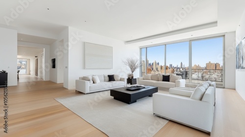 Modern living room with large windows showcasing trees and snow in a tranquil setting