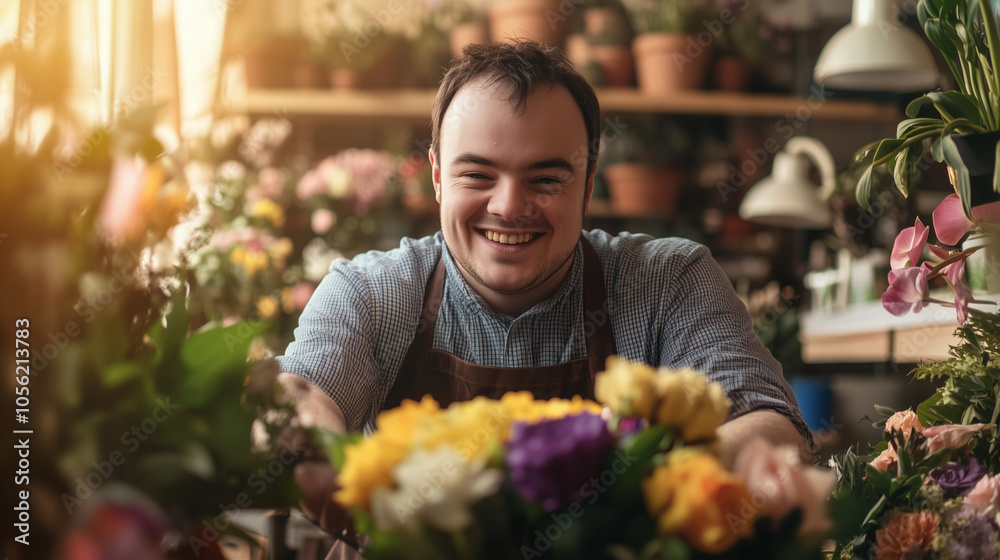 Social inclusion, Smiling young man with Down syndrome, working as a florist, surrounded by a beautiful arrangement of colorful flowers. horizontal, front view Social inclusion, Smiling young man with Down syndrome, working as a florist, surrounded by a beautiful arrangement of colorful flowers. horizontal, front view