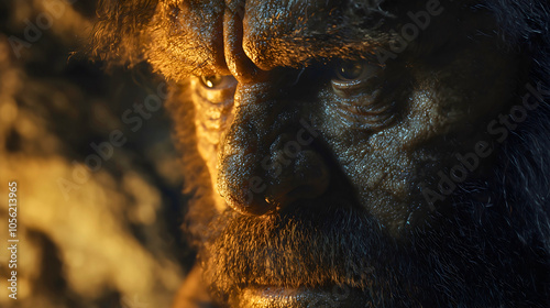  Neanderthal of large build with a robust appearance and recognizable large nose, a Neandertal who lived many years ago.