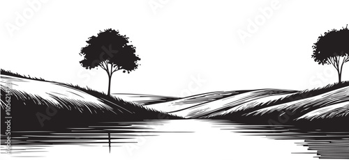 Hand-drawn simple vector drawing in black outline. Fields and tree