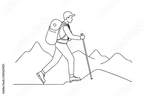 Capture the Journey: Line Drawing of a Mountain Hiker with Gear