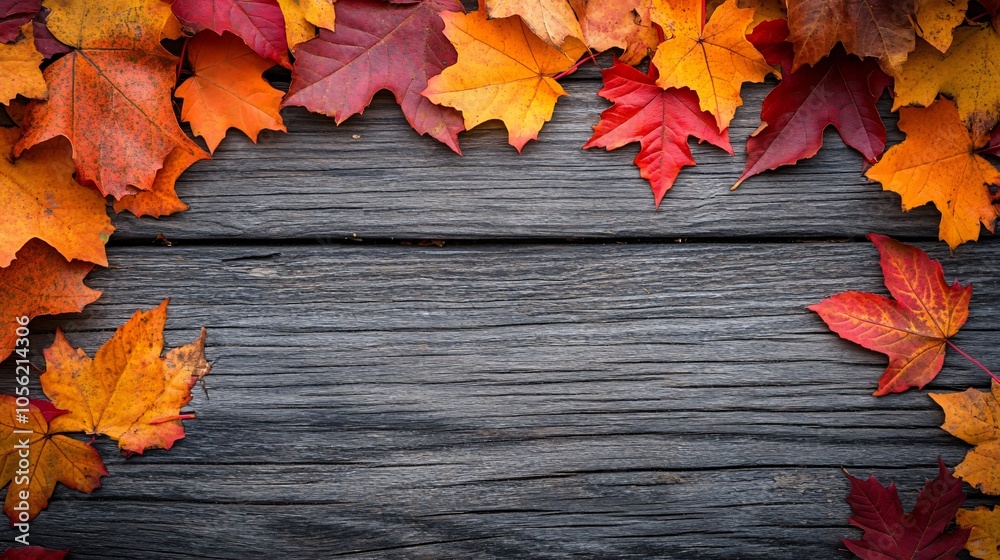 top view of wooden rustic frame background with autumn leaves top view of wooden rustic frame background with autumn leaves