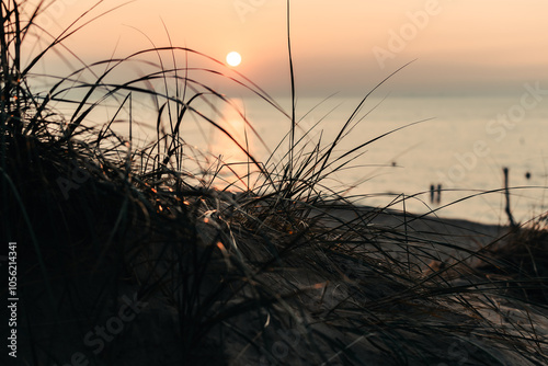 Sunset on the beach with grass in foreground.