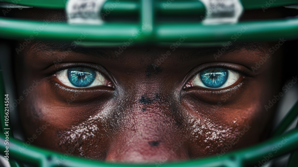 Intense Close-Up of Football Player's Eyes Behind Helmet. National Football League, NFL, Football Championship. Intense Close-Up of Football Player's Eyes Behind Helmet. National Football League, NFL, Football Championship.