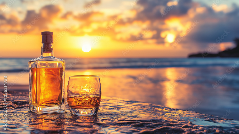 Butelka whisky stoi dumnie obok szklanki, a w tle widać piękną plażę i zachód słońca. Butelka whisky stoi dumnie obok szklanki, a w tle widać piękną plażę i zachód słońca.