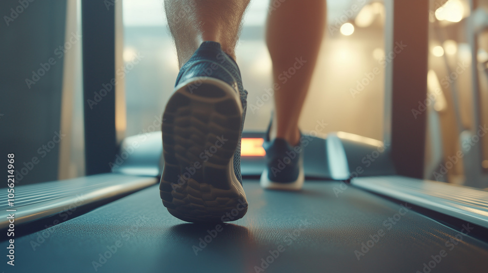 Naklejka premium Stopy mężczyzny biegającego na bieżni w siłowni są ukazane w zbliżeniu, pokazując każdy dynamiczny ruch. 