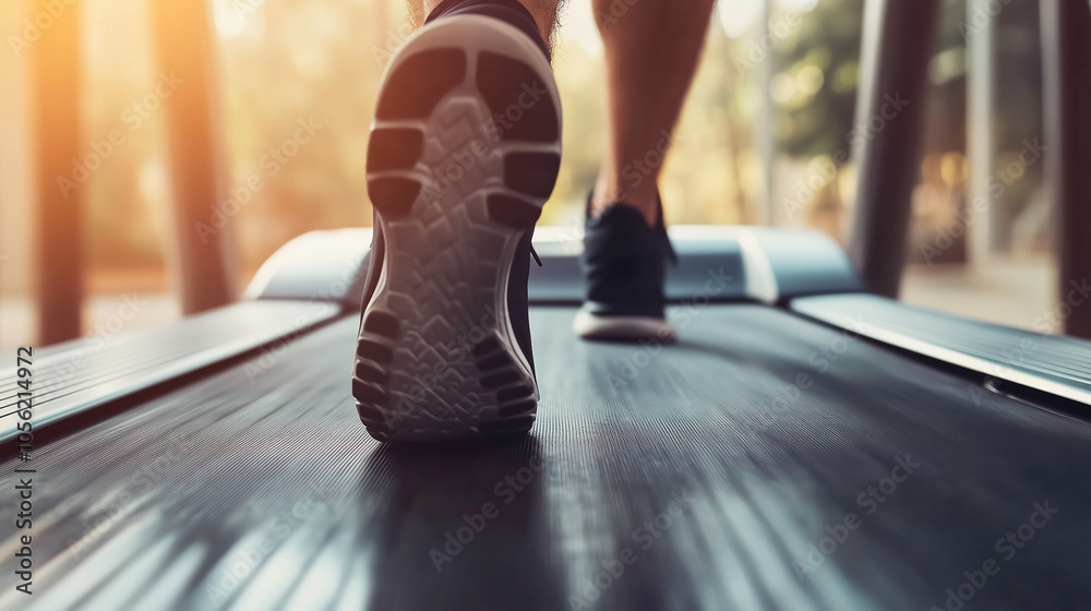 Naklejka premium Stopy mężczyzny biegającego na bieżni w siłowni są ukazane w zbliżeniu, pokazując każdy dynamiczny ruch. 