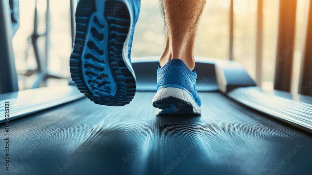 Fototapeta premium Stopy mężczyzny biegającego na bieżni w siłowni są ukazane w zbliżeniu, pokazując każdy dynamiczny ruch.