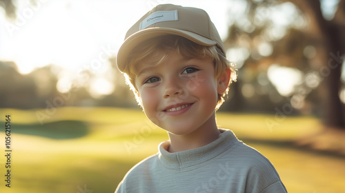 Chłopiec, z uśmiechem na twarzy, stoi na polu golfowym. Jego radosny wyraz twarzy pokazuje, jak bardzo cieszy się z lekcji golfa.