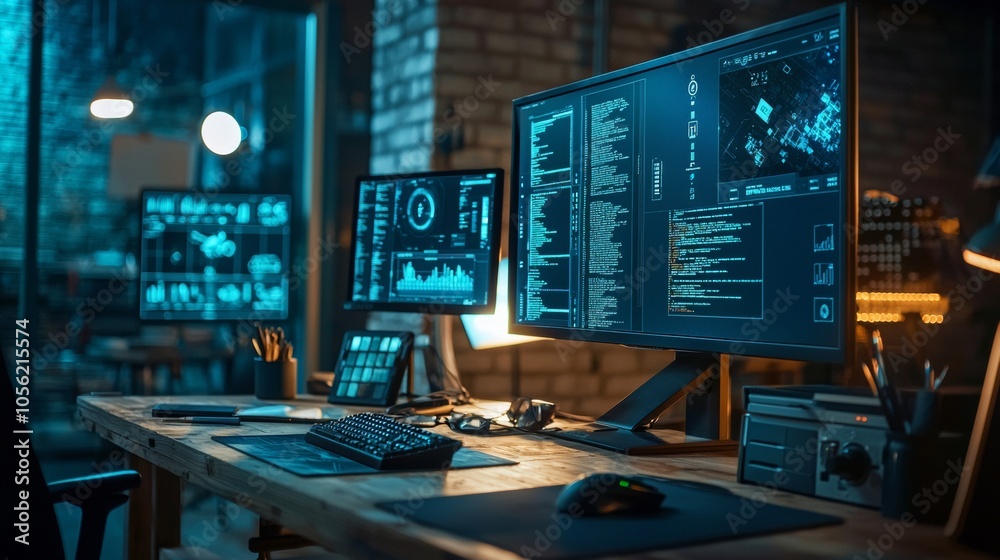 Multi-monitor setup displaying code and data in a modern workspace Multi-monitor setup displaying code and data in a modern workspace