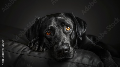 Cute Dog tired black Labrador dog with friendly amber eyes, laying on a sofa, dark background. lying on a couch, staring calmly with beautiful eyes