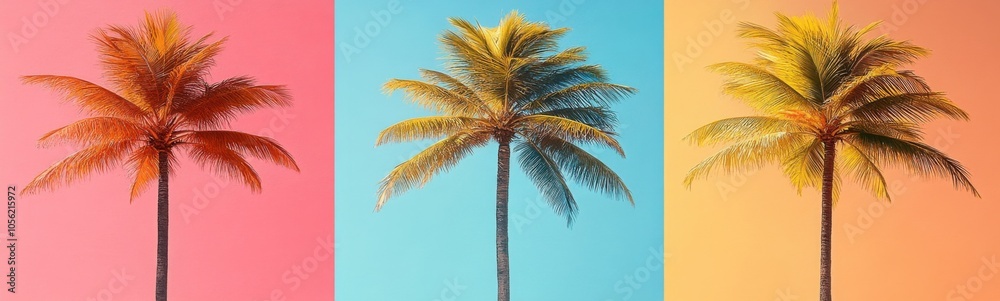 Obraz premium Three palm trees against a colorful background with a sky background, travel