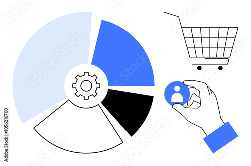 Pie chart with gear icon and hand holding a user icon. Shopping cart on the right side. Ideal for business analysis, consumer insights, market research, data visualization, retail strategy. Clean