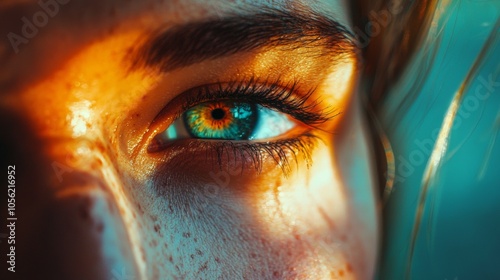 Close-up of a human eye with sunlight reflection photo