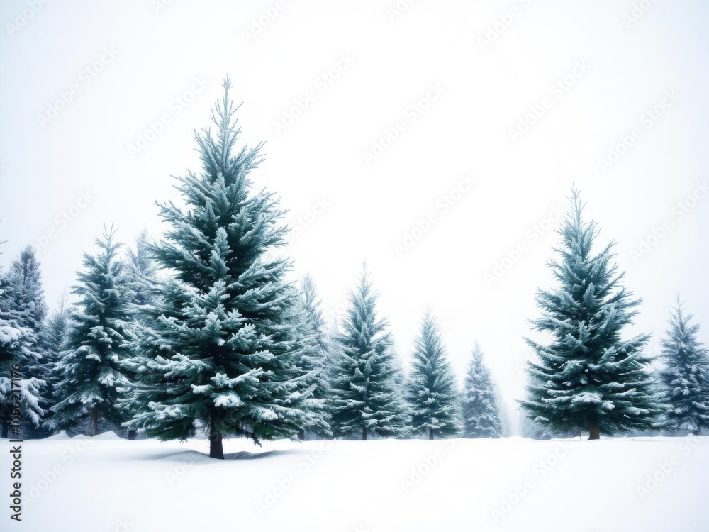 Naklejka premium Snowy winter landscape with evergreen trees covered in snow, perfect for Christmas backgrounds, nature, holiday