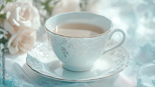 Delicate tea cup with floral design on a saucer, soft pastel colors, elegant table setting, copy space