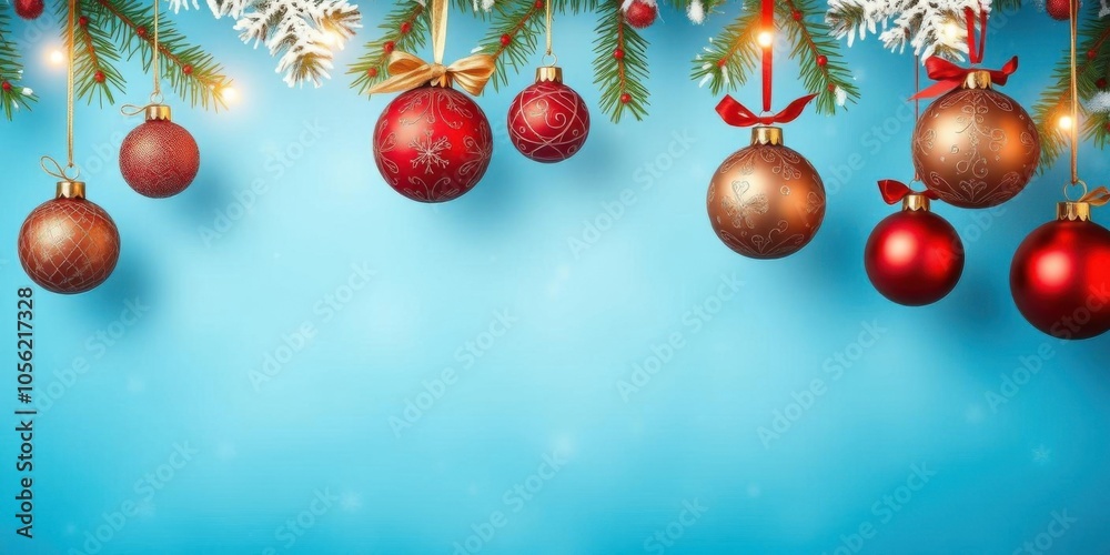 Fototapeta premium Various Christmas greeting ornaments such as bells, snowflakes, and stockings hanging against a vibrant blue background, winter, festive