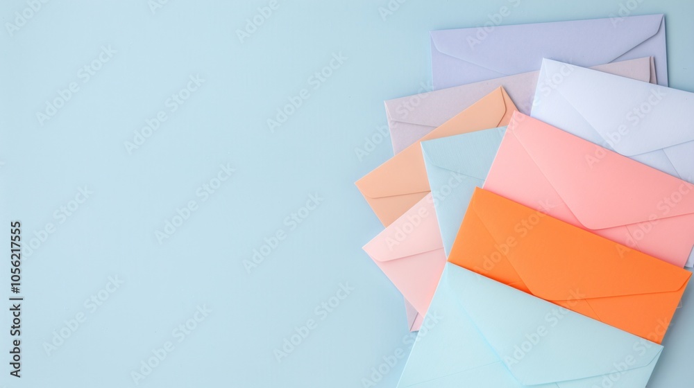 Stack of colorful envelopes on light blue background, pastel tones, minimalistic style, copy space for text, correspondence theme, organized layout, cheerful color palette
Stack of colorful envelopes on light blue background, pastel tones, minimalistic style, copy space for text, correspondence theme, organized layout, cheerful color palette