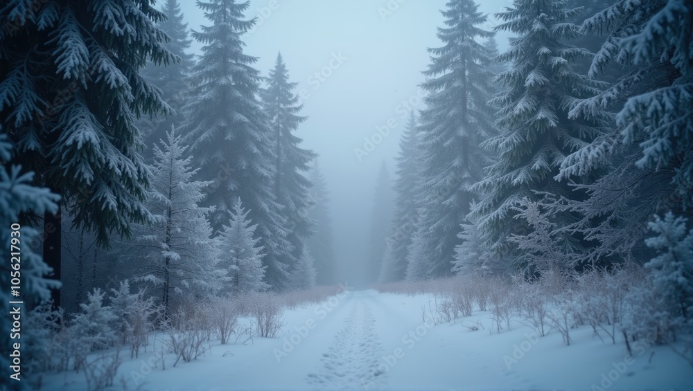 Fototapeta premium Misty winter landscape with snow-covered trees and a path leading into the distance. Serene, cold, and tranquil scene. Generative, AI,