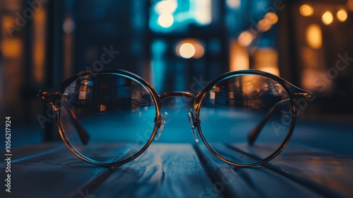 Close-up of stylish eyeglasses reflecting the city lights at night photo