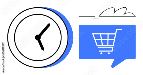 Clock indicates time management. Shopping cart inside speech bubble symbolizes e-commerce. Ideal for digital marketing, online shopping, e-commerce apps, time management, business efficiency