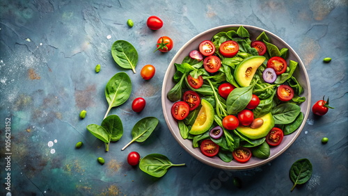 Fresh vegetable salad with avocado on blue background